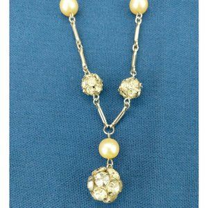Vintage Rhinestone Ball Necklace Faux Pearls Y-Drop Globe Cluster Chain Extender
